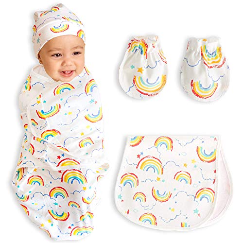 Book Cover bozdy swaddle me blanket Baby Swaddle Blanket Wrap Set-Infant Sleep Sack Adjustable Wings Soft Cotton Baby Sleeping Bag Rainbow Pattern with Hat Baby Bib for Drooling Teething Newborn Mittens for Boys