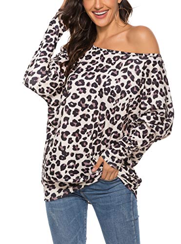Book Cover Feager Women's Off Shoulder Sweatshirt Casual Pullover Tops Batwing Sleevee Leopard Print Knit Sweater Leopard print4 L