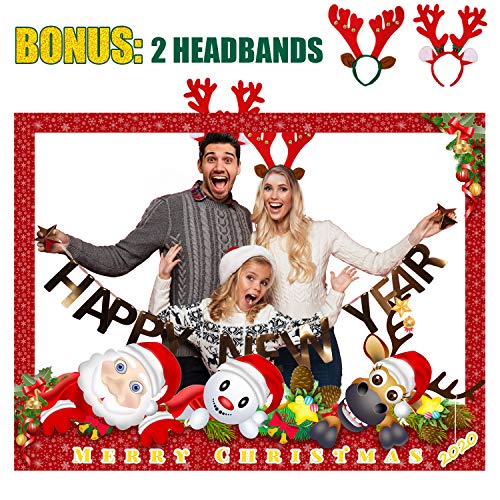 Book Cover SEVENS Christmas Photo Booth Prop Frame with 2 Christmas Party Headbands, Xmas, New Year Party Decorations/Supplies, Christmas Party Photo Frame (35.4 X 26.8 Inch)