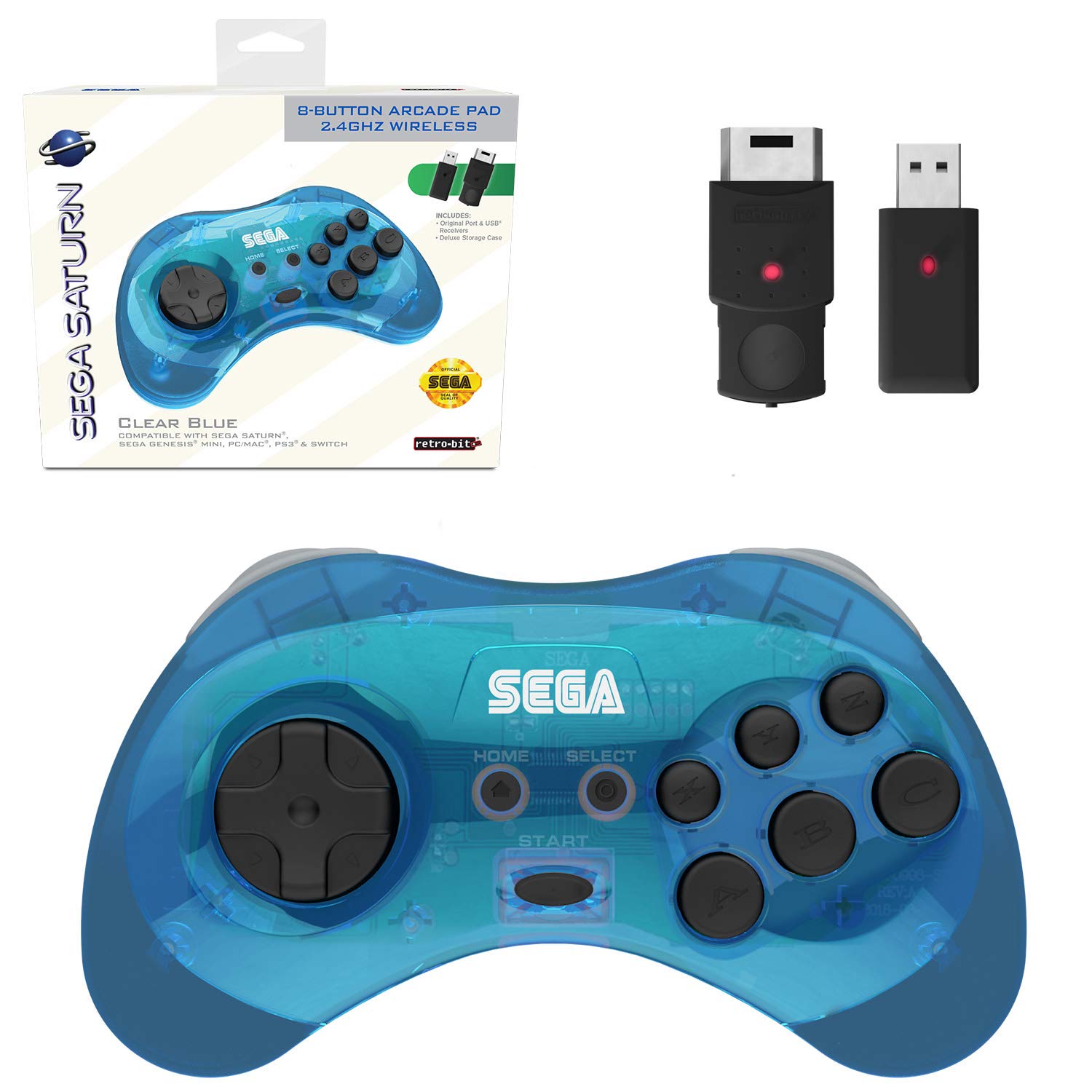 Book Cover Retro-Bit Official Sega Saturn 2.4 GHz Wireless Controller 8-Button Arcade Pad for Sega Saturn, Sega Genesis Mini, Switch, PS3, PC, Mac - Includes 2 Receivers & Storage Case (Clear Blue)