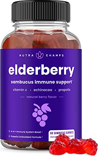 Book Cover Elderberry Gummies with Vitamin C, Propolis & Echinacea - Immune System Support Gummy Vitamins for Adults & Kids - Max Strength 200mg Sambucus Antioxidant