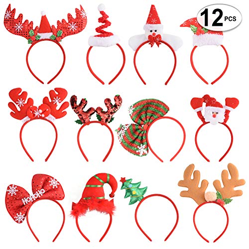 Book Cover 12 PCS Holiday Headbands,Cute Christmas head hat toppers,Flexibility to Fit All Sizes,Great Fun and Festive for Annual Holiday and Seasons Themes, Christmas Party,Christmas Dinner,photos booth.