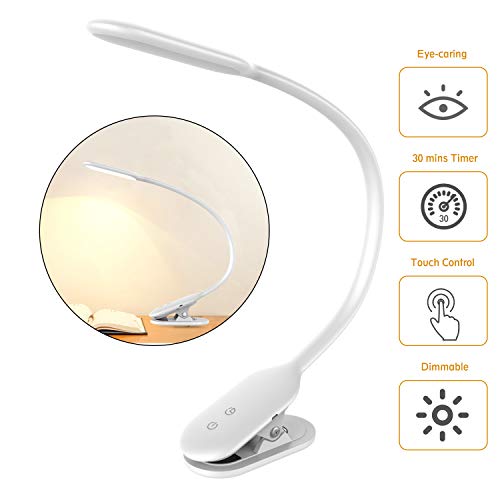 Book Cover LED Desk Lamp, Rechargeable Clip On Light Reading Light with 360°Flexible Swing Arm,30 mins Timer,Clamp Book Light with Eye-Caring Dimmable Light, Touch Switch Table Lamps for Kids,Room,Office,School