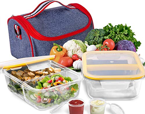 Book Cover Prep Food Containers 2 Compartment Glass Containers with Lids (1040ml x 2) + Lunch Bag Meal Prep and Portion Control Lunch Box Airtight Leakproof Microwave Oven Freezer Dishwasher Safe Lunch Container