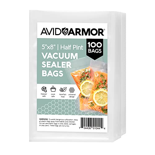 Book Cover Avid Armor - Small Pint Size Vacuum Sealer Bags, Vac Seal Bags for Food Storage, Meal Saver Freezer Vacuum Sealer Bags, Sous Vide Bags Vacuum Sealer, Non-BPA, 5 x 8 inches, Pack of 100