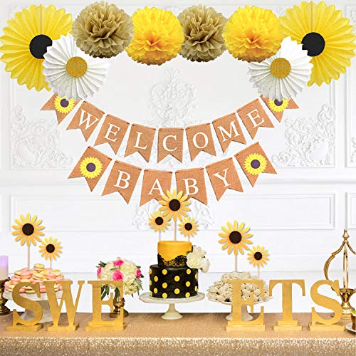 Book Cover KeaParty Sunflower Baby Shower Party Decorations Supplies Kit, Sunflower Welcome Baby Banner, Yellow Sunflowers Cupcake Toppers, Tissue Paper Fans, Pom Poms