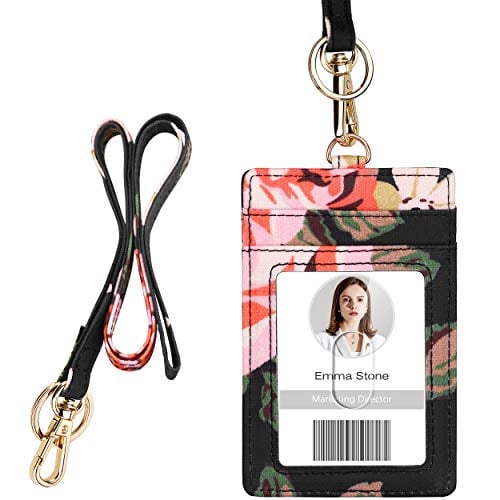 Book Cover ID Badge Holder with Lanyard, Vertical Flower ID Badge Card Holder with 1 Clear ID Window, 4 Credit Card Slots and a Detachable Neck Lanyard (Floral Pattern 1)