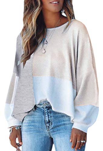 Book Cover ECOWISH Women Sweater Long Sleeve Color Block Knit Pullover Sweaters Crew Neck Patchwork Casual Loose Jumper Tops