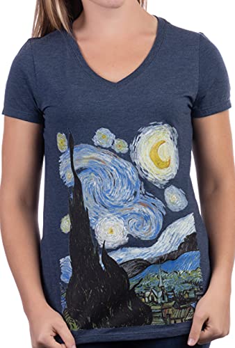 Book Cover Starry Night | Vincent Van Gogh Famous Cool Star Painting Women's V-Neck T-Shirt Top