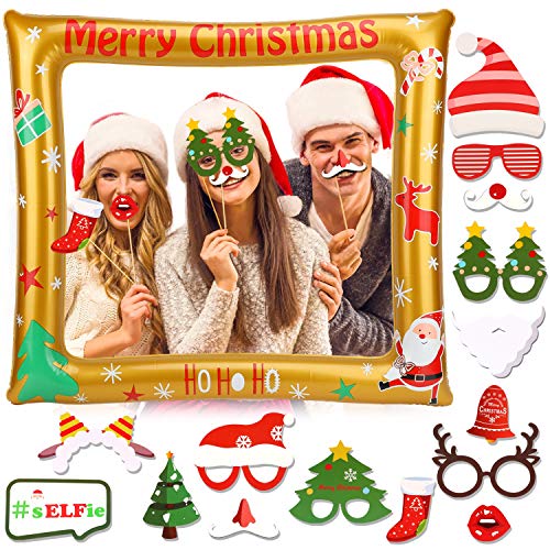 Book Cover Konsait Christmas Photo Booth Frame Blow Up Inflatable Selfie Picture Frame with 15pcs Photo Booth Props DIY Kit for Christmas Party Decoration Favor Supplies New Year Xmas Decor