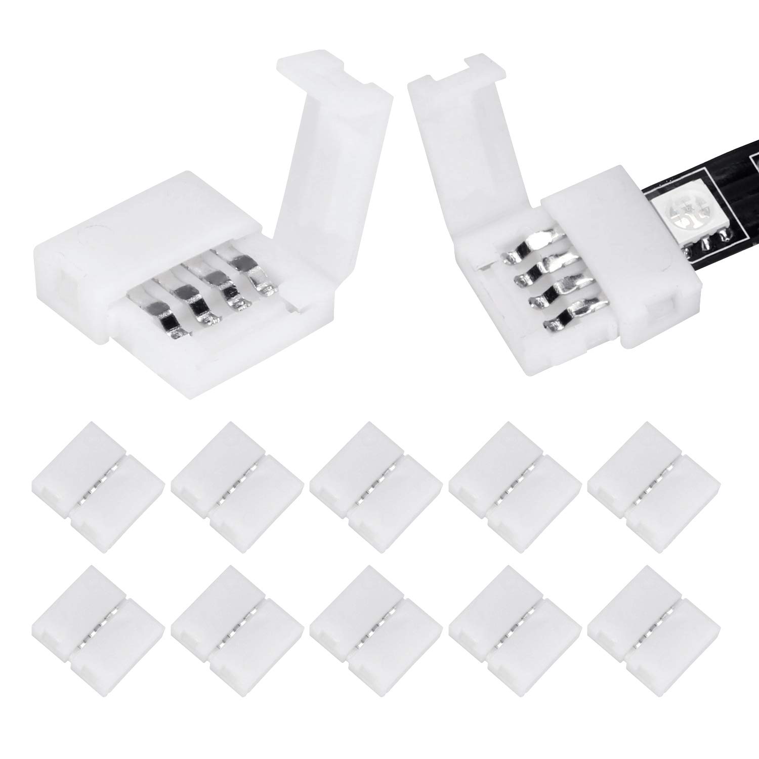 Book Cover 10Packs 4-Pin RGB LED Light Strip Connectors 10mm Unwired Gapless Solderless Adapter Terminal Extension for SMD 5050 Multicolor LED Strip (10Pack 4PIN RGB Connector)