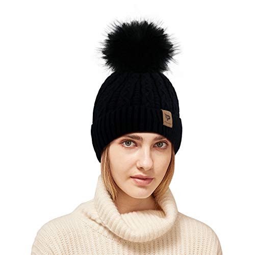 Book Cover Paragon Beanie Hats Winter Knit Beanie for Women,Fleece Lined Cable Knit Slouchy Beanie with Pom Pom (Black)