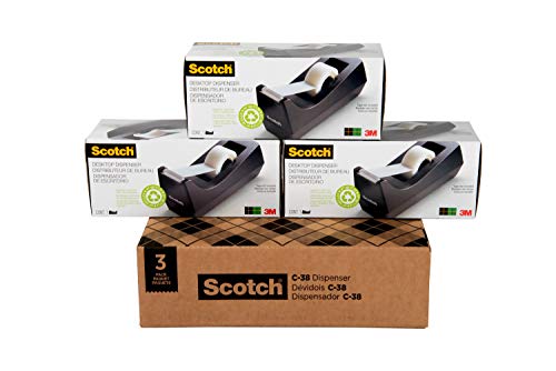 Book Cover Scotch Desktop Tape Dispenser, 3-Pack, Weighted, Non-Skid Base, Black, Made of 100% Recycled Plastic