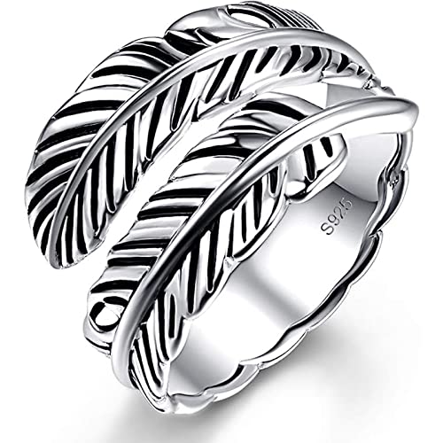 Book Cover AVECON 925 Sterling Silver Ring Adjustable Feather Ring Stacking Ring Vintage Statement Ring for Women & Men