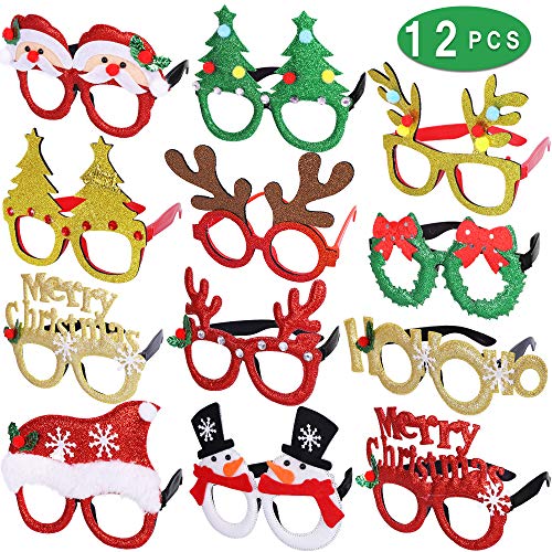 Book Cover Max Fun 12 Pieces Christmas Glitter Party Glasses Frames with 12 Designs for Christmas Parties, Holiday Favors, Photo Booth (One Size Fits All)