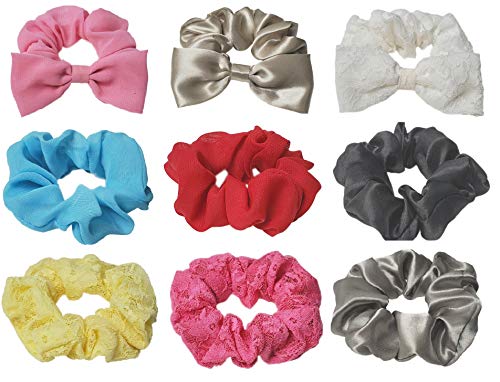 Book Cover Posch Studio - 9pc Assorted Scrunchies for Hair with Bow - Solid Color Hair Scrunchie Pack - Girls Scrunchies Pack - Cute Scrunchie Hair Ties - Chiffon Satin Lace Variety Hair Accessory