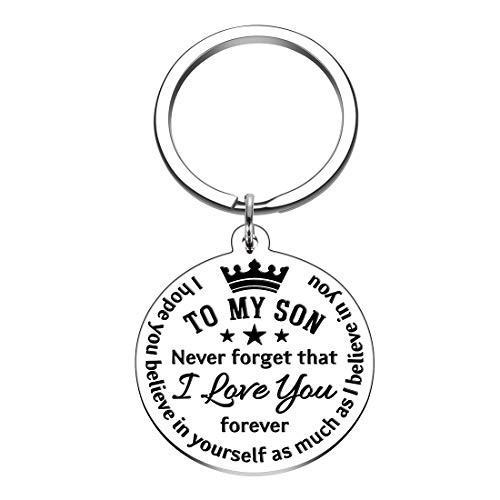 Book Cover To My Son Inspirational Gift Keychain from Dad Mom Never Forget That I Love You Forever Birthday Graduation Christmas Back to School Gift for Boys Teenage Him Family Pendant Charm Stocking Stuff Gifts