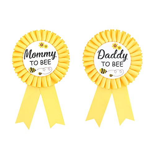 Book Cover Daddy to bee & Mom to bee Tinplate Badge Pin - What Will Baby Be Baby Shower Button New Dad Gifts Gender Reveals Party Baby Bee Rosette Button Baby Celebration (Yellow)