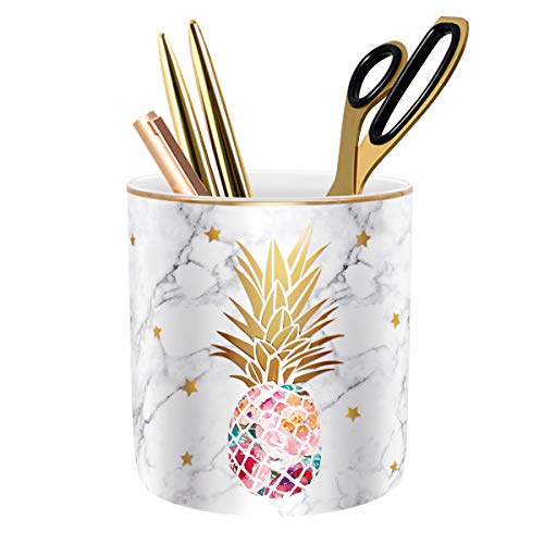 Book Cover WAVEYU Pen Holder, Pencil Holder for Desk, Cute Makeup Brush Holder Marble Pineapple Pattern Pencil Cup for Girls Kids Durable Ceramic Desk Organizer Ideal Gift for Office, Classroom, Pineapple