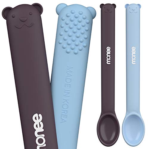 Book Cover Korean Made Platinum Silicone 2 in 1 Baby Spoons with Teethers - Flip the handle for fast sensory relief while feeding