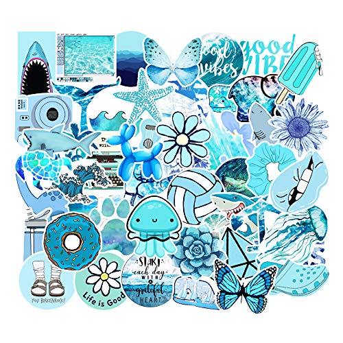 Book Cover Stickers for Water Bottles, 53 Pcs Hydro Flask Sticker Pack, Trendy VSCO Vinyl Aesthetic Stickers for Laptop Hydroflasks Skateboard, Waterproof Cool Cute Sticker for Teens Girls Adult, Blue