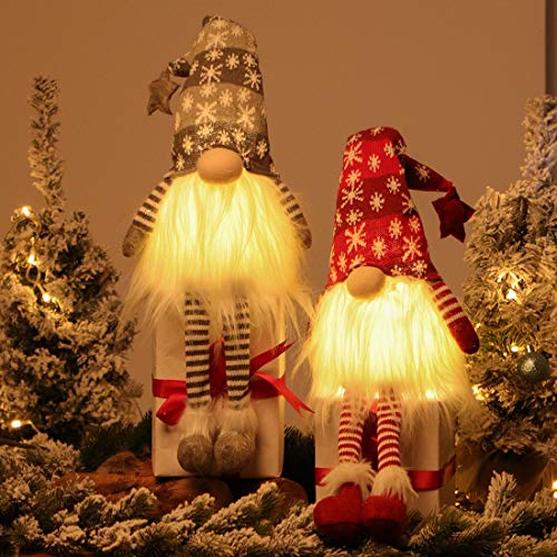Book Cover GMOEGEFT Christmas Gnomes with Light Set of 2 Plush Swedish Nordic Tomte Scandinavian Nisse Figurine Elf Holiday Party Home Table Decorations Gift (Red & Grey)