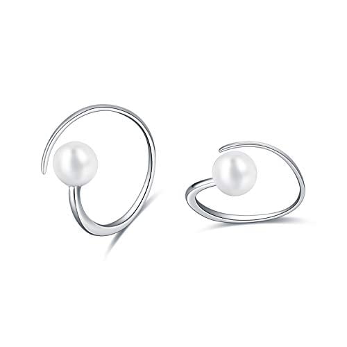 Book Cover 925 Sterling Silver Pearl Spiral Hoop Earrings Pull Through Small Hoop Earring for Women Jewelry Christmas Gifts