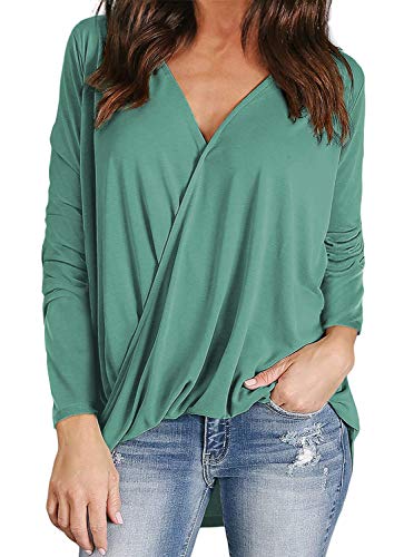 Book Cover ZJCT Womens Shirts V Neck Long Sleeve Tops Casual Tee Shirts Wrap Front Tunic Top Blouses Green M