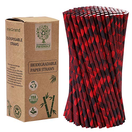 Book Cover Cooraby 200 Pieces Red and Black Plaid Paper Straws Biodegradable Paper Drinking Straws for Party Supplies and Party Favors