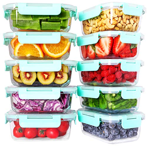 Book Cover Bayco 10 Pack Glass Meal Prep Containers, Glass Food Storage Containers with Lids, Airtight Glass Lunch Bento Boxes, BPA-Free & Leak Proof (10 lids & 10 Containers)