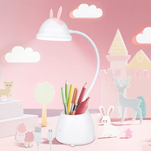 Book Cover Neporal Cute Desk Lamp Small Kids Desk Lamp for Girls Rechargeable Dimming 3 Brightness Touch Control 360°Flexible Gooseneck Eye-Care LED Desk Lamp with Pen Holder Kawaii Desk Accessories, Rabbit Lamp