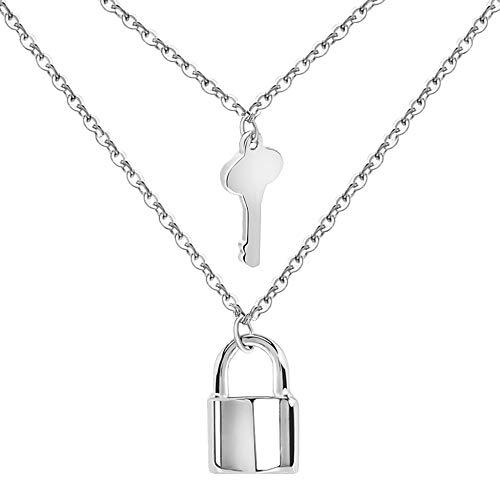 Book Cover UALGL Lock and Key Pendant Necklace Stainless Steel Adjustable Punk Multilayer Long Chain Choker Necklace Jewelry Set (A-Silver Tones Lock Key)