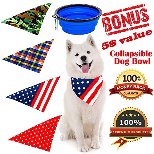 Book Cover Dog Bandana, Bibs Scarf for Pet - 4Pcs Washable Cotton Triangle Kerchief, Adjustable Neckerchief Accessories for Small to Large Dogs Cats Pets, BONUS Pet Bowl Collapsible Silicon with Free Carabiner