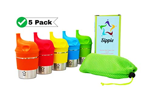 Book Cover Sippie Stainless Steel Cups with Silicone Sippy Lids and Grips for Kids Toddlers Babies (8oz, 5-Pack) BPA-Free and Lab-Tested - Portable Carrying Pouch Included...