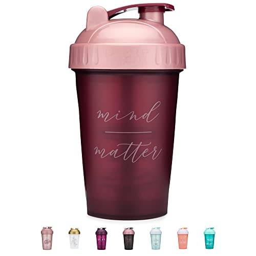 Book Cover 20-Ounce Shaker Bottle with Action-Rod Mixer | Shaker Cups with Motivational Quotes | Protein Shaker Bottle is BPA Free and Dishwasher Safe | Mind Over Matter - Maroon/Rose - 20oz