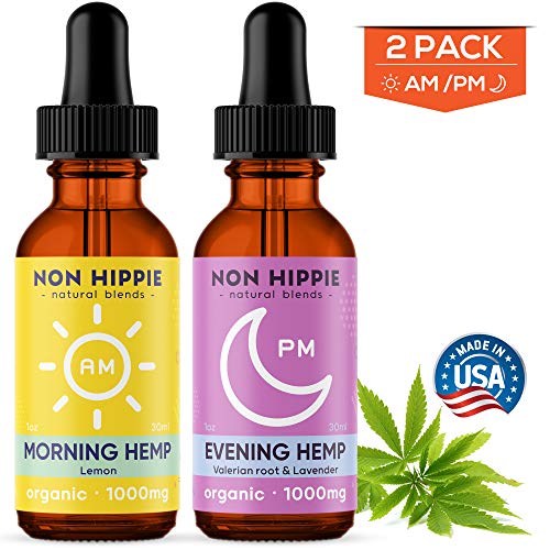 Book Cover Organic Hemp Oil 2 Pack by Non Hippie - AM and PM Formulas - Hemp Extract Oil for Pain Relief, Anxiety Relief, and Sleep - Vegan - 2 Bottles (60 Total Servings)
