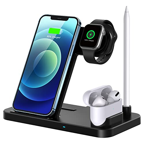 Book Cover Wireless Charger, 4 in 1 Fast Wireless Charging Station Compatible with Apple Watch Airpods Pro iPhone 12/12 Pro/11/11 Pro/8/X, Wireless Charging Stand Compatible with Samsung