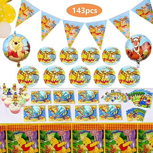 Book Cover 143 Pcs Deluxe Winnie The Pooh Party Supplies Pooh Birthday Decorations Favors Set for Girl Baby Shower Boy Kids 1st 2nd Classic Birthday Includes Tableware Kit Blowing Dragon Balloons Table Cloth Plates Cupcake and Banner for 12
