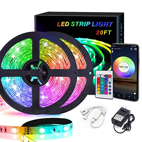 Book Cover LED Lights for Bedroom 20 FT/6M RGB LED Strip Lights Music Sync Color Changing Rope Lights App Bluetooth Remote Control for Smart Home TV Wall Mirror Kitchen Bedroom Holiday Gifts