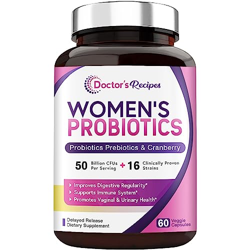 Book Cover Doctor's Recipes Women’s Probiotic, 60 Caps 50 Billion CFU 16 Strains, with Organic Prebiotics Cranberry, Digestive Immune Vaginal & Urinary Health, Shelf Stable, Delayed Release, No Soy Gluten Dairy