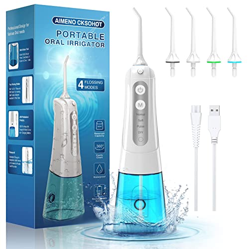 Book Cover Water Flosser, 300ML Cordless Portable Oral Irrigator 4 Modes Dental Teeth Water Jet Cleaner Rechargeable Floss Machine for Home Travel - Blue White