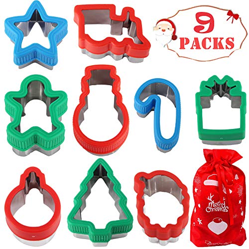 Book Cover heytech 9 Packs Cookie Cutters for Christmas Winter Christmas Cookie Cutter Set Snowman, Christmas Tree, Candy Cane, Gift Box, Star, Train, Santa, Light Bulb, Gingerbread Man