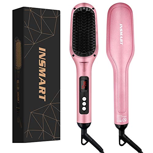 Book Cover Ionic Hair Straightener Brush by INSMART, 30s Fast Heating Ceramic Straightening Brush with Auto-Off| Anti-Scald| Dual Voltage| 15 Speed Adjustment (Pink)