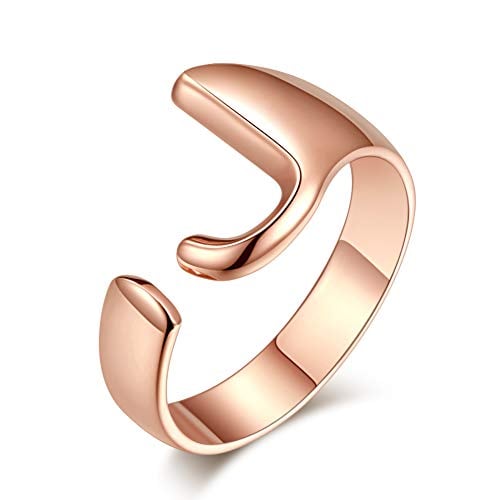 Book Cover Junxin Initial Letter Ring for Women Gold Silver Open Rings with Initials Chunky Bold Stackable Alphabet Rings for Men Girls