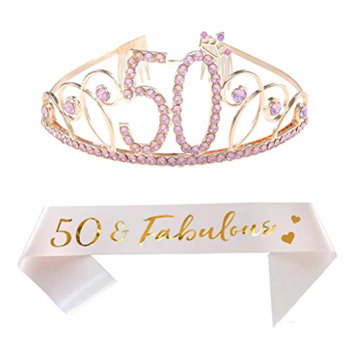 Book Cover 50th Birthday Tiara and Sash Happy 50th Birthday Party Supplies 50 Fabulous Champagne Glitter Satin Sash and Crystal Tiara Princess Birthday Crown for Women 50th Birthday Party Decoration