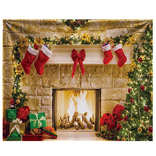 Book Cover Funnytree 10x8ft Durable Christmas Fireplace Backdrop No Wrinkles Fabric Interior Vintage Xmas Tree Stockings Photography Background Portrait Photobooth Party Banner Decorations Photo Studio Props
