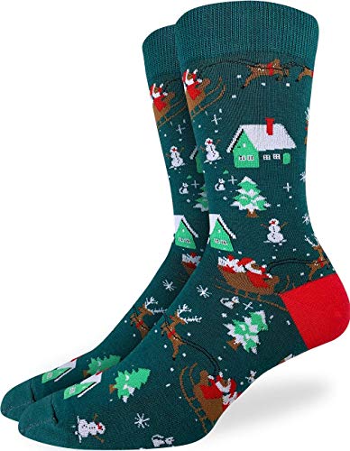 Book Cover Good Luck Sock Men's Santa on a Sled Socks - Green, Adult Shoe Size 7-12