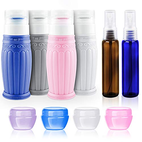Book Cover Travel Bottles Toiletry Containers Set: 10PCS TSA Approved Traveling Size Bottle and Shampoo Container Kit, 4PCS 3 OZ Squeeze Silicone Bottle for Toiletries 4PCS Scream Jar 2PCS Spray Bottle Men Women