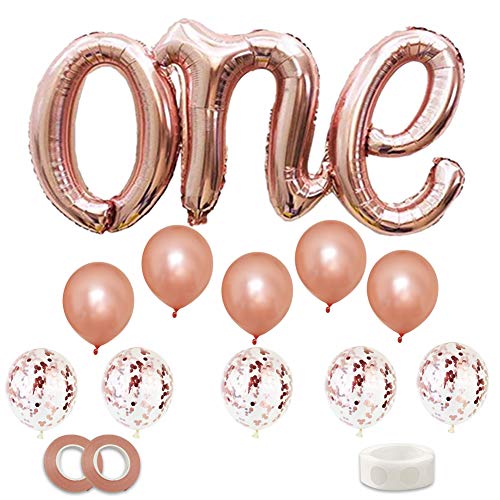 Book Cover Rose Gold ONE Balloons Banner, Foil Mylar Balloon for 1st Birthday Party,Baby Shower,Wedding,Engagement,Anniversary Party - Extra Pack of 10 Latex Balloons(Rose Gold, Confetti)& String
