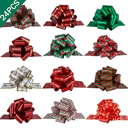 Book Cover PintreeLand 24PCS Christmas Wrap Pull Bows with Ribbon 5â€ Wide Wrapping Accessory for Xmas Present, Gift, Florist, Bouquet, Basket Decoration, Easy to Assemble